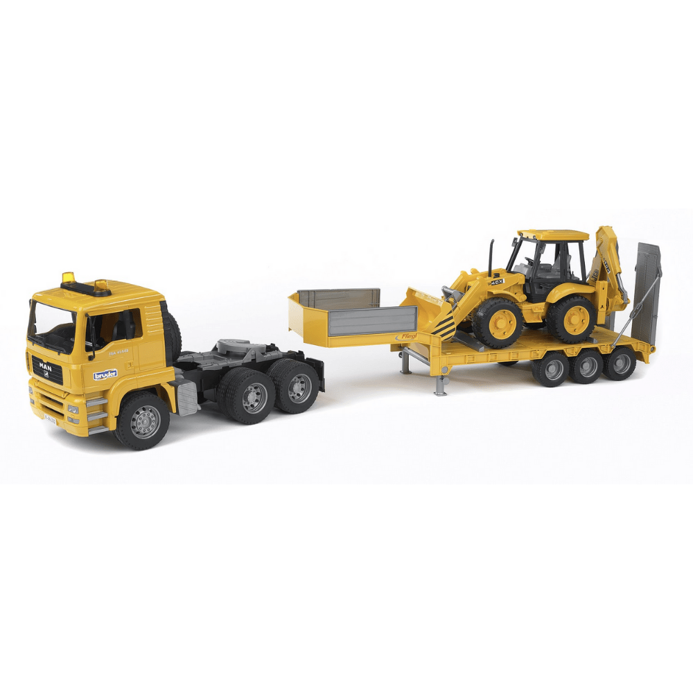 BRUDER Transportes Camión de plataforma baja MAN TGA con retroexcavadora JCB 4CX 02776- Escala 1:16- BRUDER BRU02776