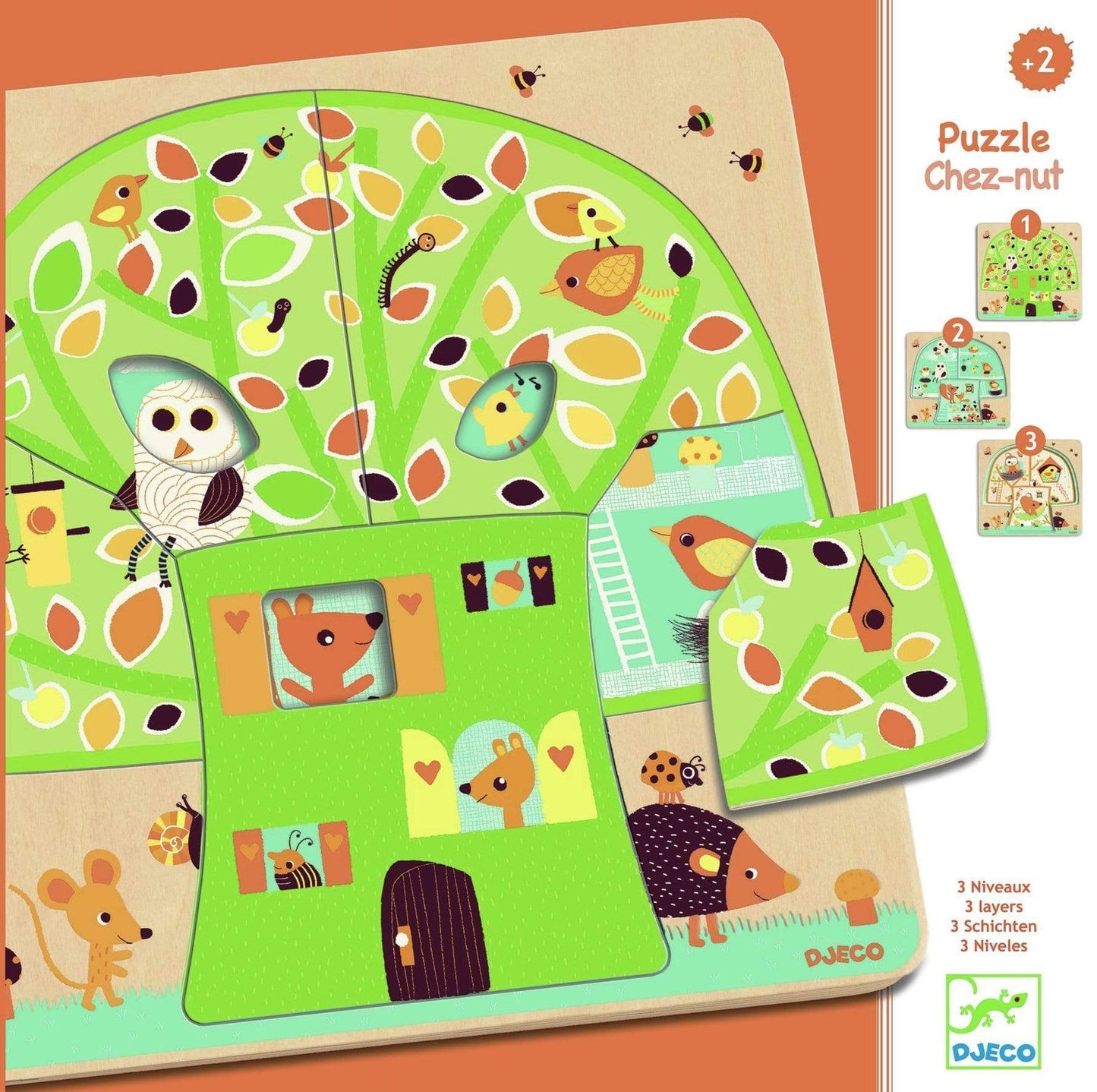 DJECO Puzzles y encajes +2 Puzzle Madera en etapas Chez-Nut DJ01481