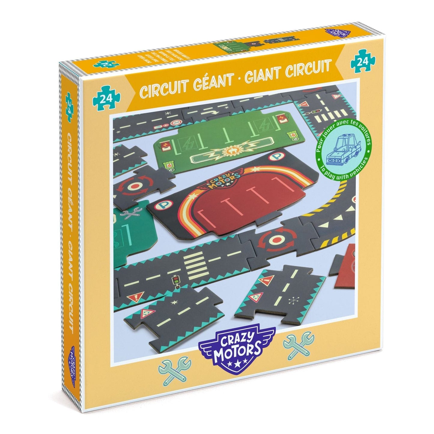 DJECO Puzzles y encajes Puzzle gigante circuito de la ciudad Crazy Motors cars- 24 Piezas DJ07162