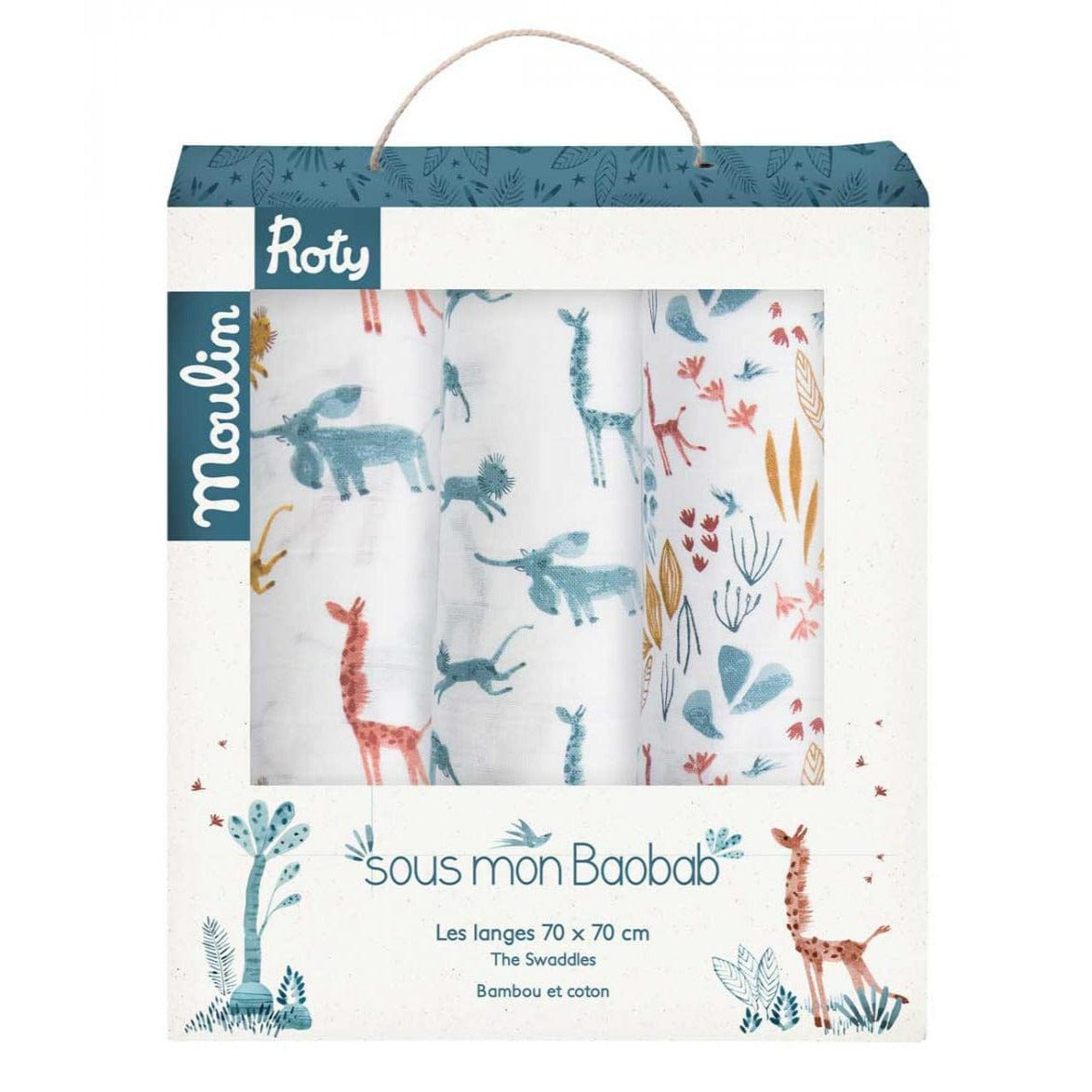 MOULIN ROTY Accesorios bebé Juego de 3 muselinas jirafa animales Baobab 669275