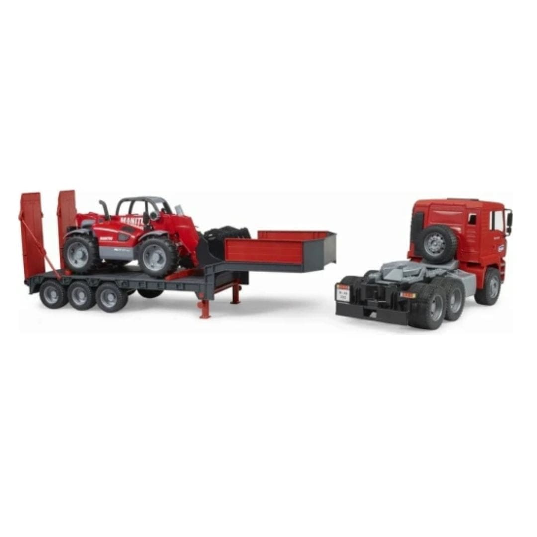 BRUDER Transportes Camión góndola rebajada MAN TGA con cargador telescópico Manitou MLT 633 - Escala 1:16 BRU02774