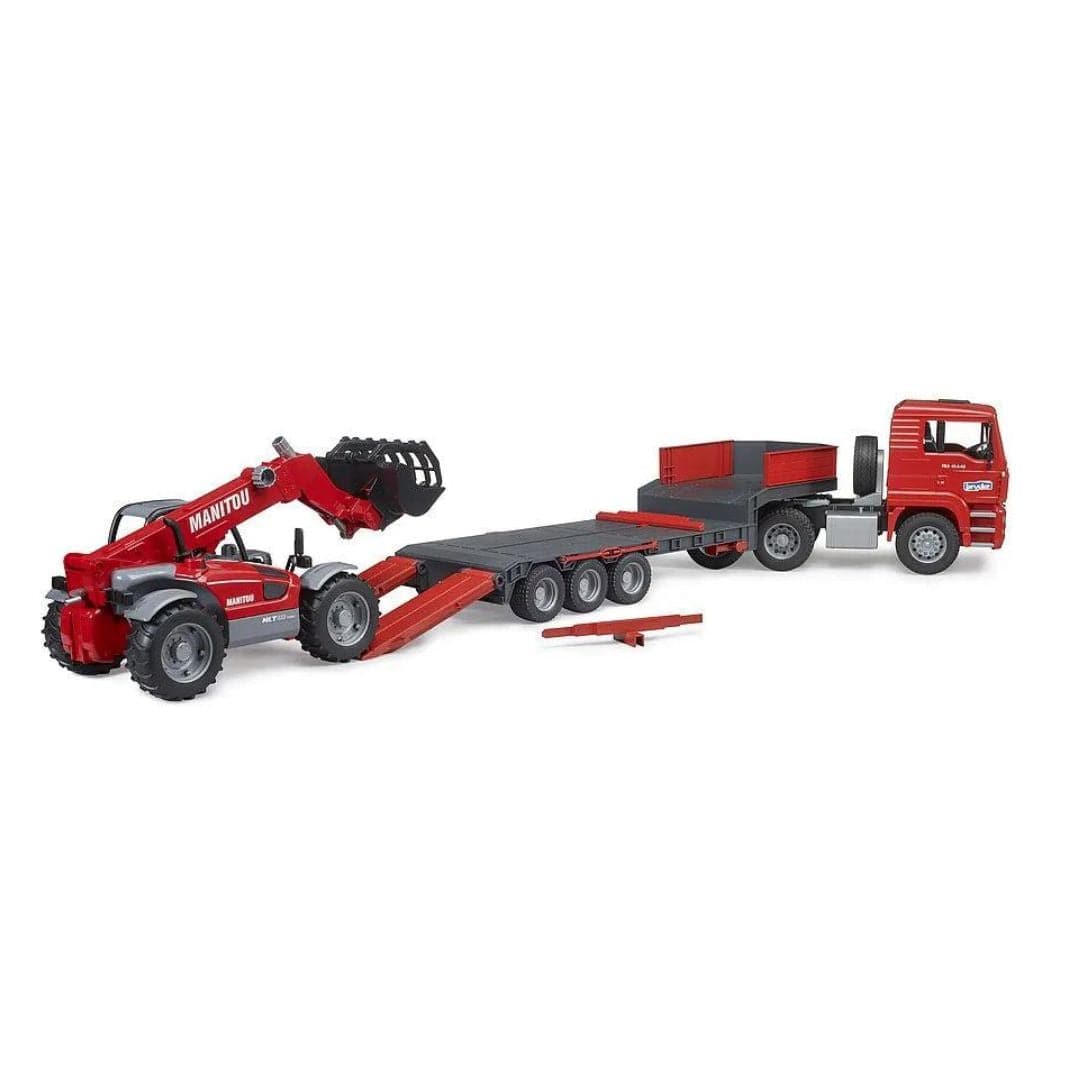 BRUDER Transportes Camión góndola rebajada MAN TGA con cargador telescópico Manitou MLT 633 - Escala 1:16- BRUDER BRU02772