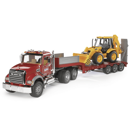 BRUDER Transportes Camión MACK Granite con plataforma baja y JCB 4CX 02813- Escala 1:16- BRUDER BRU02813