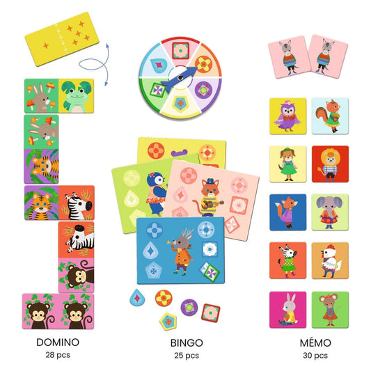 Djeco Juegos de memoria y lógica Bingo Memo Domino Juegos Pequeños Amigos DJ08143