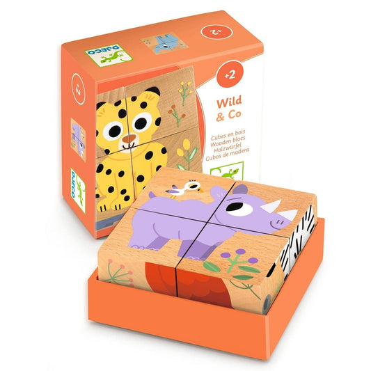 DJECO Puzzles y encajes Puzzle 4 Cubos de Madera Wild and Co DJ01904